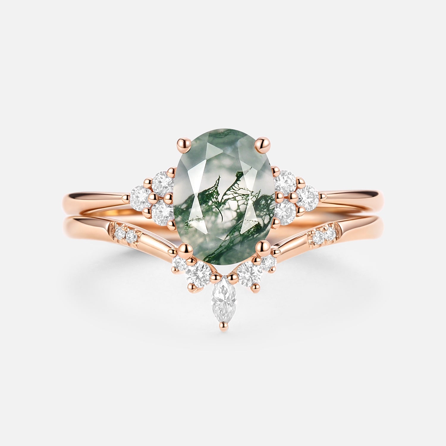 Oval Cut Moss Agate Classic Cluster Gold Ring Set 2pcs - Solara