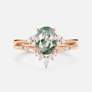 Oval Cut Moss Agate Classic Cluster Gold Ring Set 2pcs - Solara