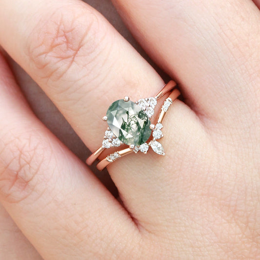 Oval Cut Moss Agate Classic Cluster Gold Ring Set 2pcs - Solara