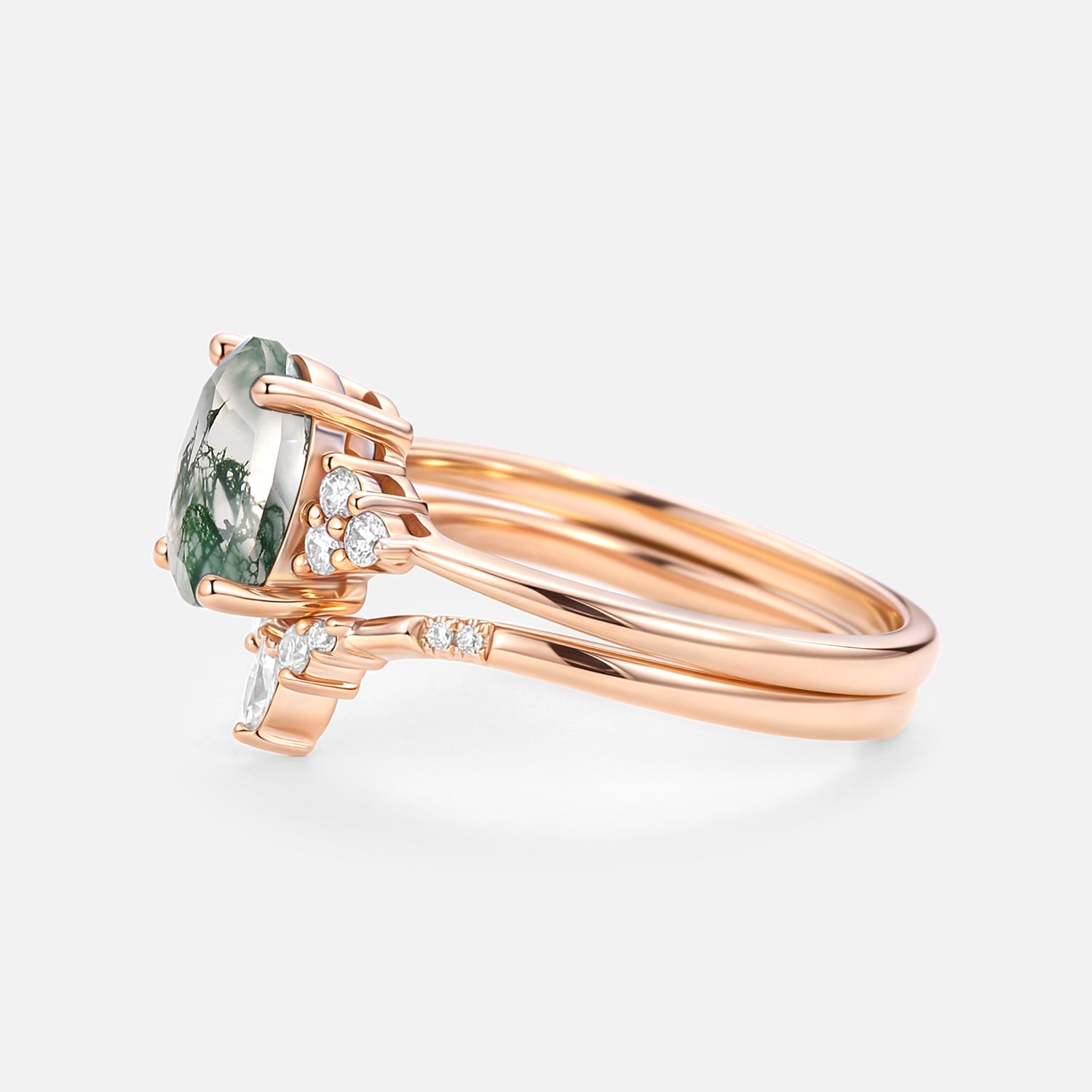 Oval Cut Moss Agate Classic Cluster Gold Ring Set 2pcs - Solara