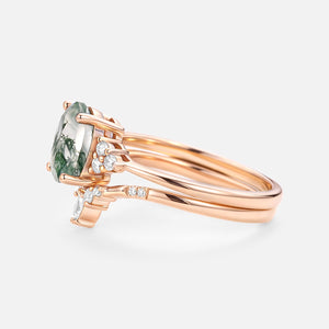 Oval Cut Moss Agate Classic Cluster Gold Ring Set 2pcs - Solara
