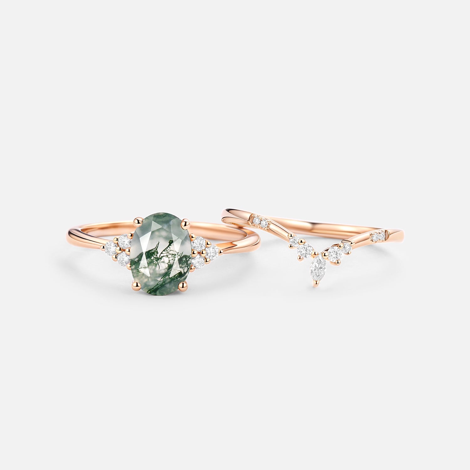Oval Cut Moss Agate Classic Cluster Gold Ring Set 2pcs - Solara