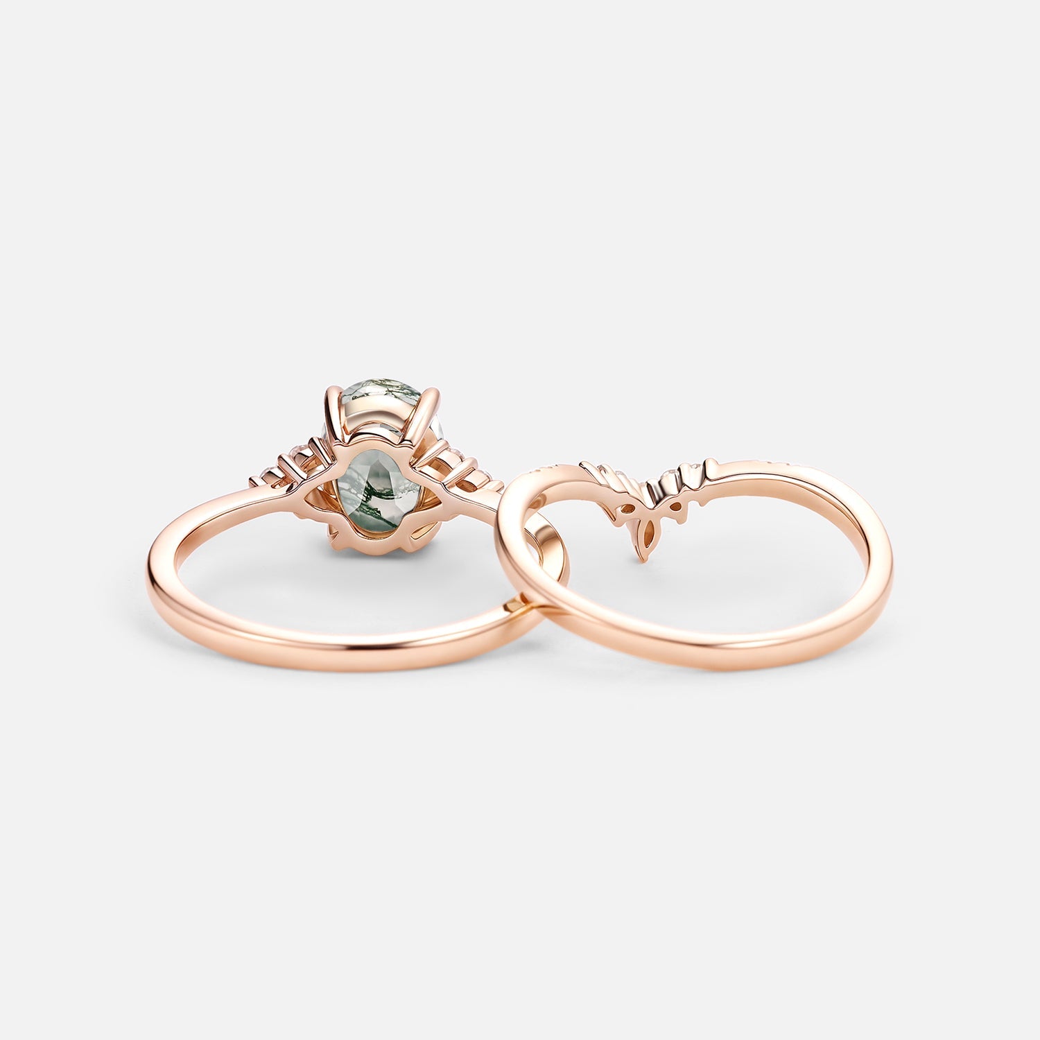 Oval Cut Moss Agate Classic Cluster Gold Ring Set 2pcs - Solara