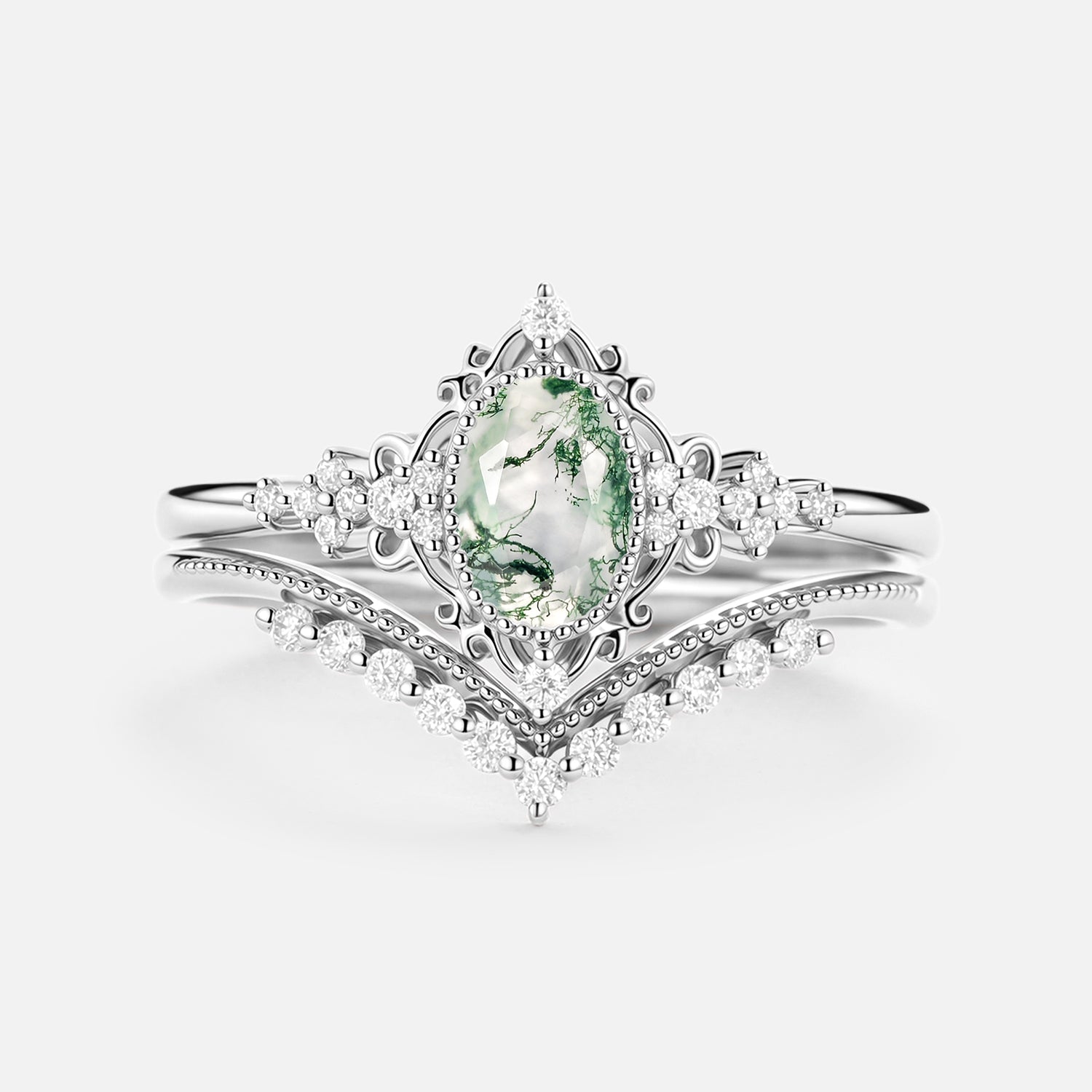 Oval Cut Vintage Moss Agate Engagement Ring Set 2pcs - Eira
