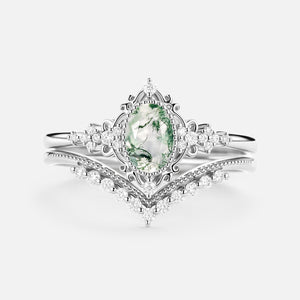 Oval Cut Vintage Moss Agate Engagement Ring Set 2pcs - Eira