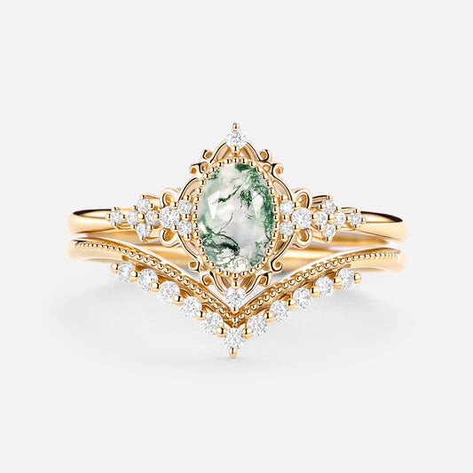 Oval Cut Vintage Moss Agate Engagement Ring Set 2pcs - Eira