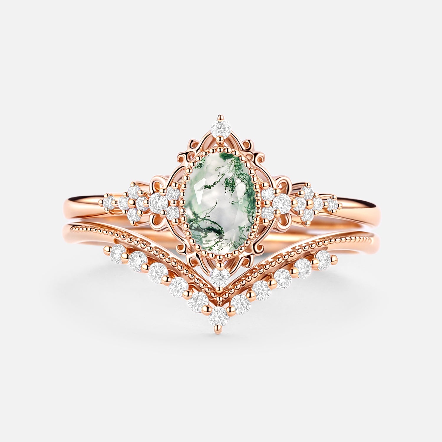 Oval Cut Vintage Moss Agate Engagement Ring Set 2pcs - Eira
