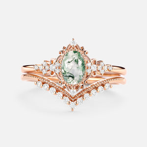 Oval Cut Vintage Moss Agate Engagement Ring Set 2pcs - Eira