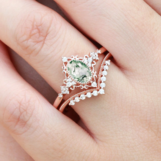 Oval Cut Vintage Moss Agate Engagement Ring Set 2pcs - Eira