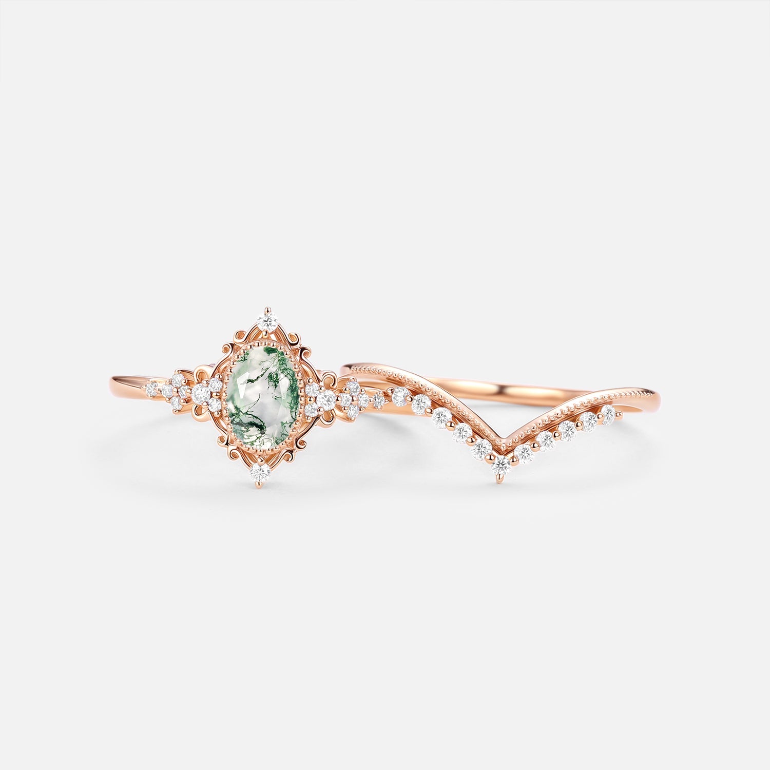 Oval Cut Vintage Moss Agate Engagement Ring Set 2pcs - Eira