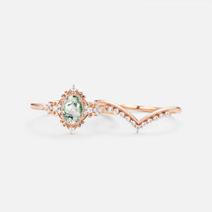 Oval Cut Vintage Moss Agate Engagement Ring Set 2pcs - Eira