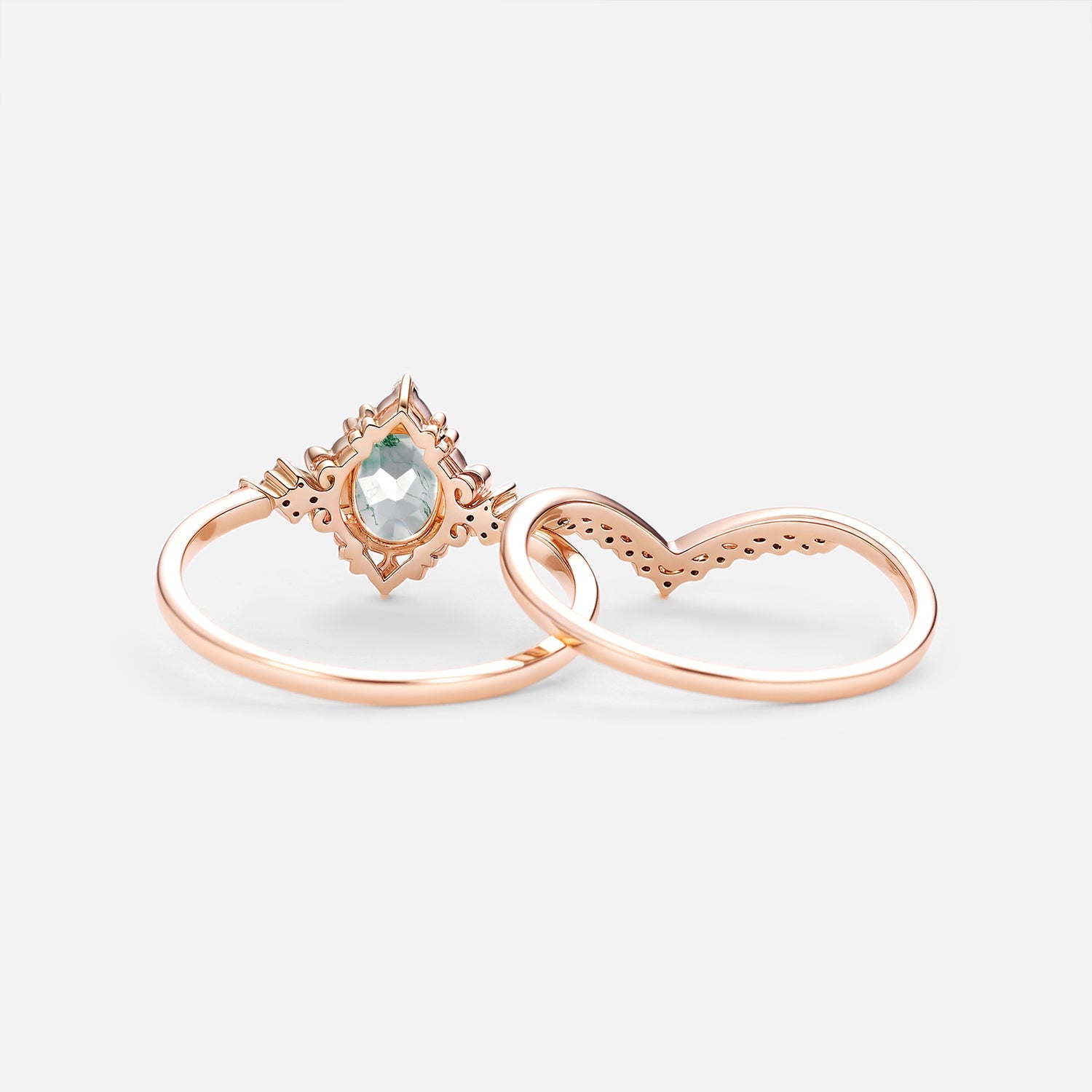 Oval Cut Vintage Moss Agate Engagement Ring Set 2pcs - Eira