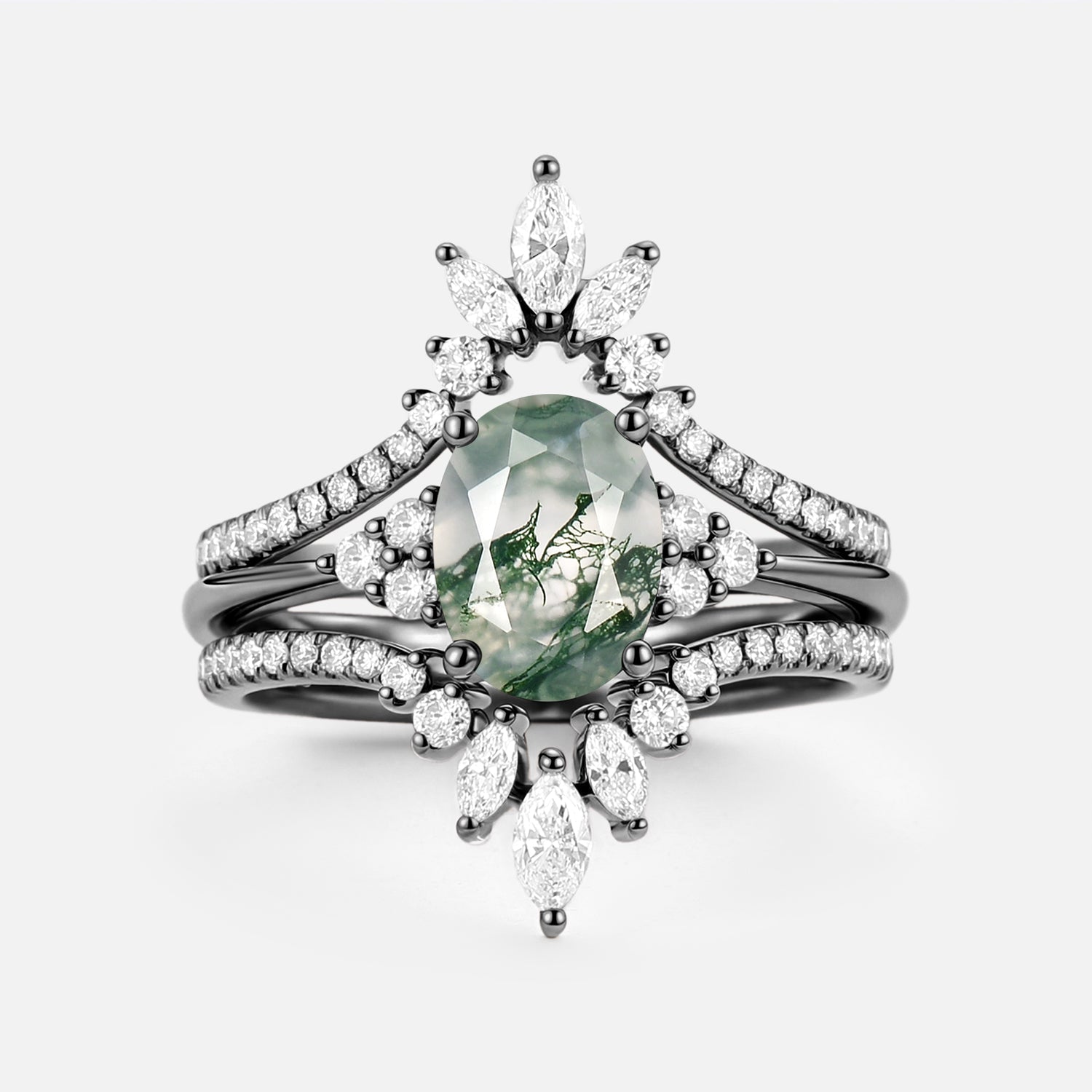Oval Cut Moss Agate Classic Cluster Gold Ring Set 3pcs - Chroma