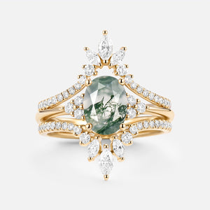 Oval Cut Moss Agate Classic Cluster Gold Ring Set 3pcs - Chroma