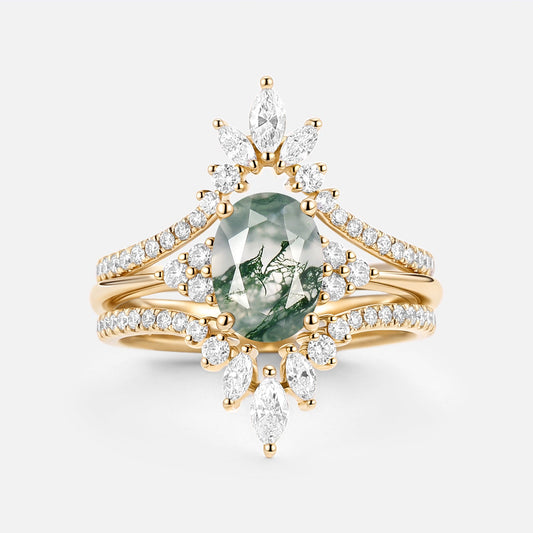 Oval Cut Moss Agate Classic Cluster Gold Ring Set 3pcs - Chroma