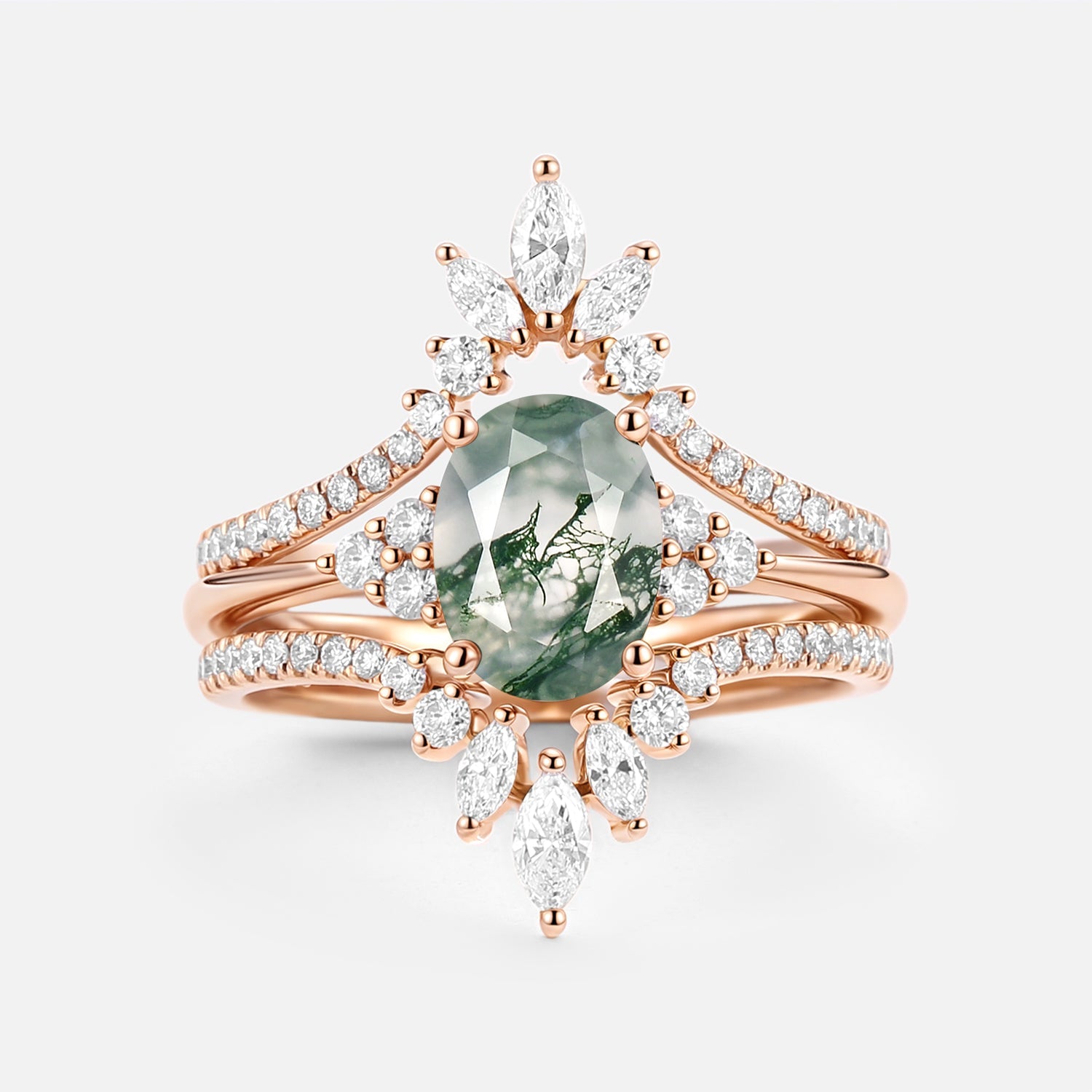 Oval Cut Moss Agate Classic Cluster Gold Ring Set 3pcs - Chroma