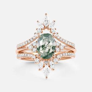 Oval Cut Moss Agate Classic Cluster Gold Ring Set 3pcs - Chroma