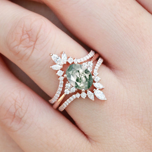 Oval Cut Moss Agate Classic Cluster Gold Ring Set 3pcs - Chroma