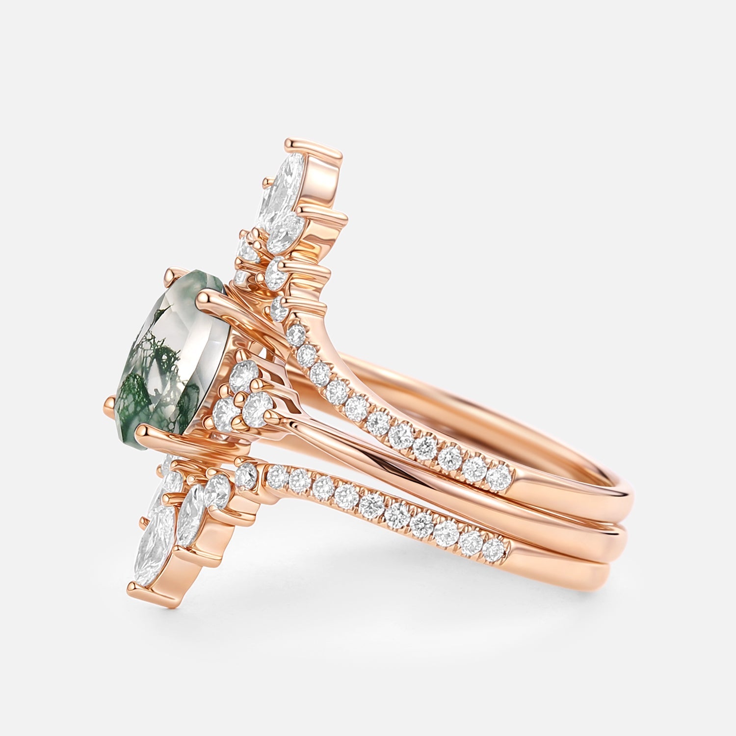 Oval Cut Moss Agate Classic Cluster Gold Ring Set 3pcs - Chroma