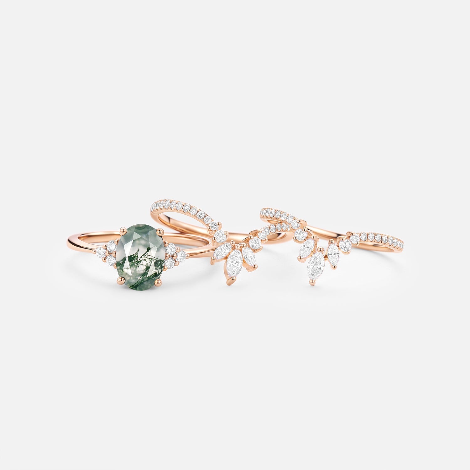 Oval Cut Moss Agate Classic Cluster Gold Ring Set 3pcs - Chroma