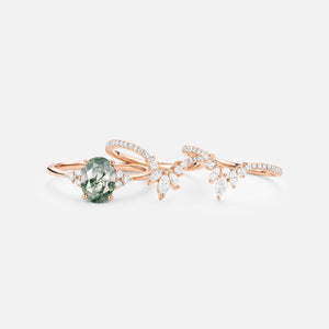 Oval Cut Moss Agate Classic Cluster Gold Ring Set 3pcs - Chroma