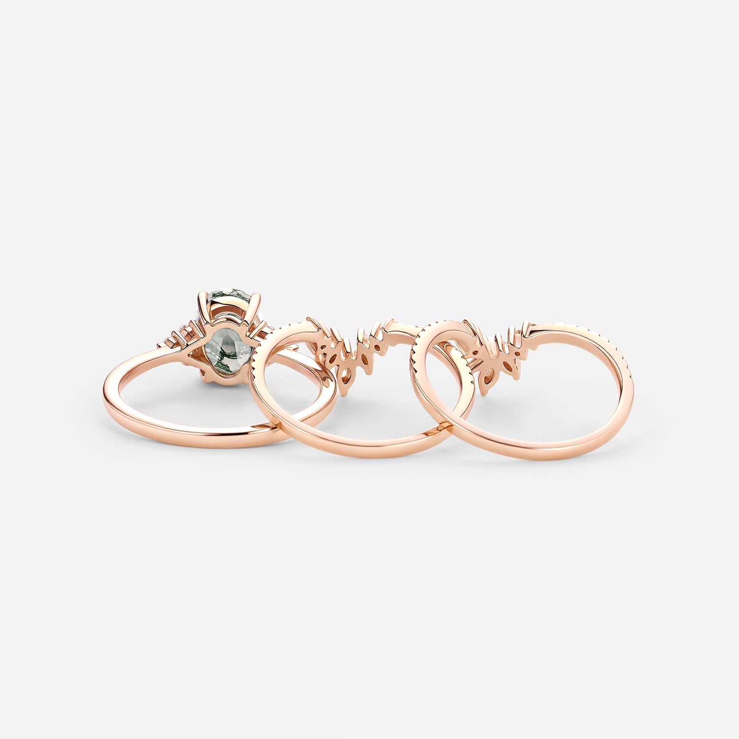 Oval Cut Moss Agate Classic Cluster Gold Ring Set 3pcs - Chroma