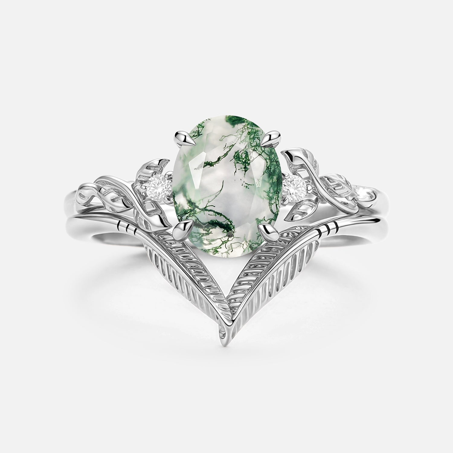 Oval Cut Moss Agate Leafy Gold Ring Set 2pcs - Juniper