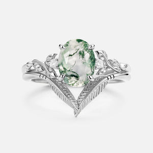 Oval Cut Moss Agate Leafy Gold Ring Set 2pcs - Juniper