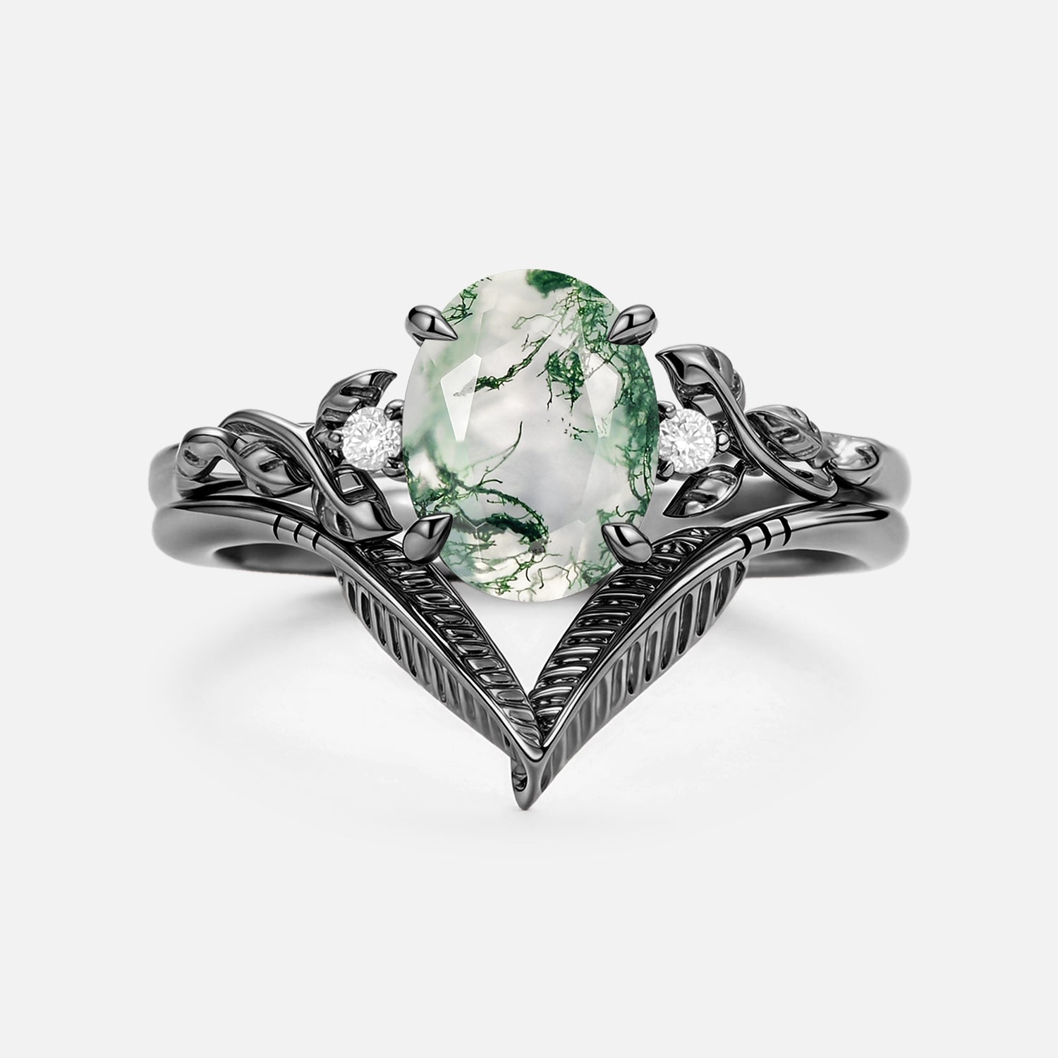 Oval Cut Moss Agate Leafy Gold Ring Set 2pcs - Juniper