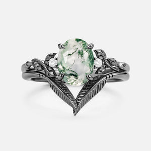 Oval Cut Moss Agate Leafy Gold Ring Set 2pcs - Juniper