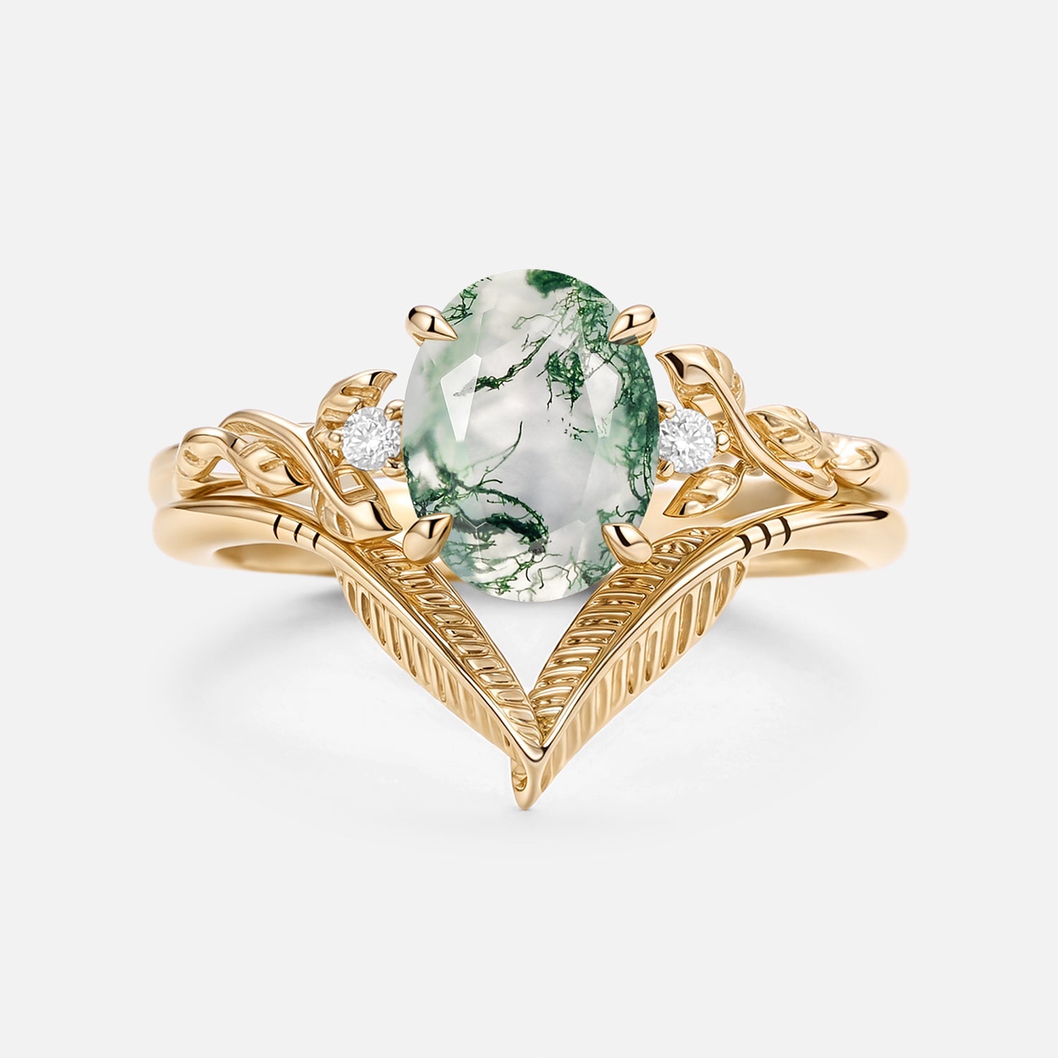 Oval Cut Moss Agate Leafy Gold Ring Set 2pcs - Juniper