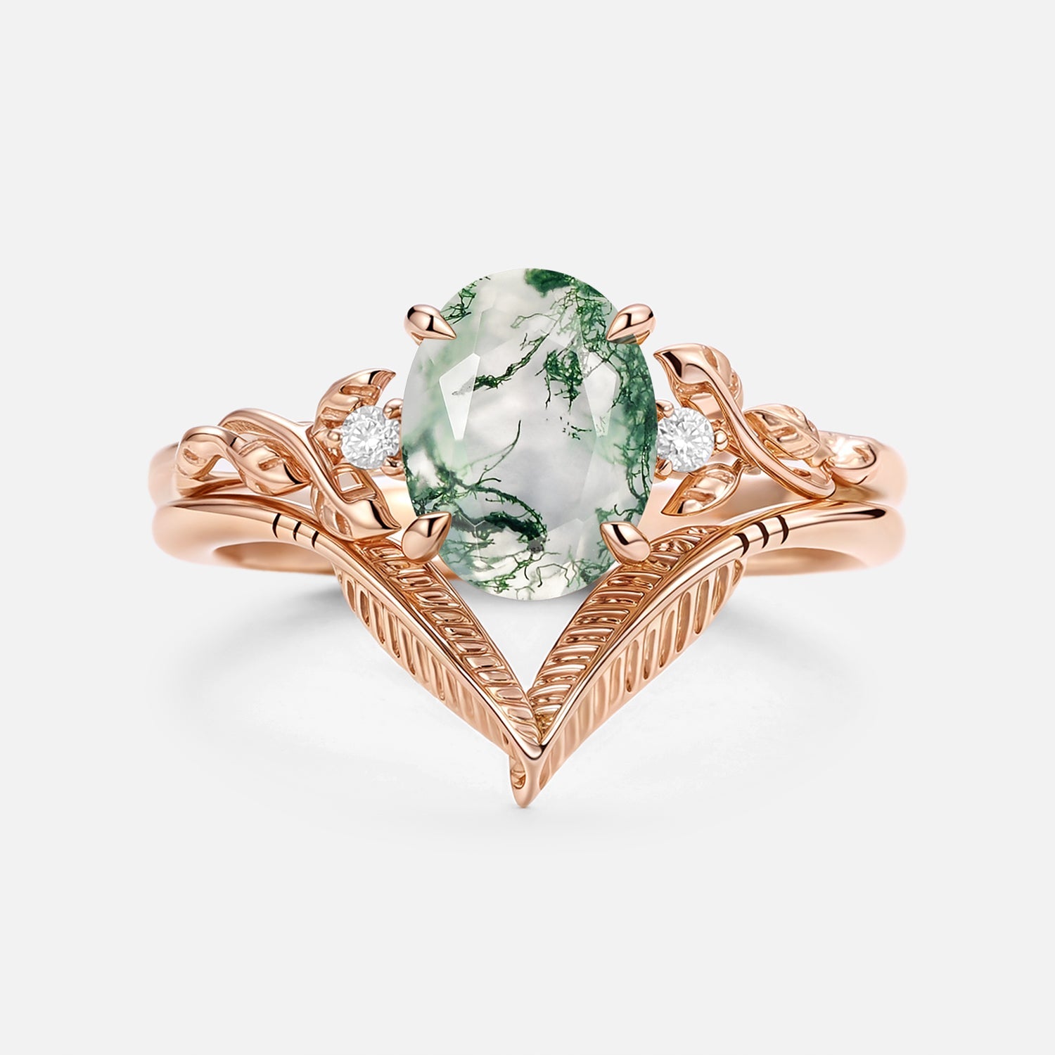 Oval Cut Moss Agate Leafy Gold Ring Set 2pcs - Juniper