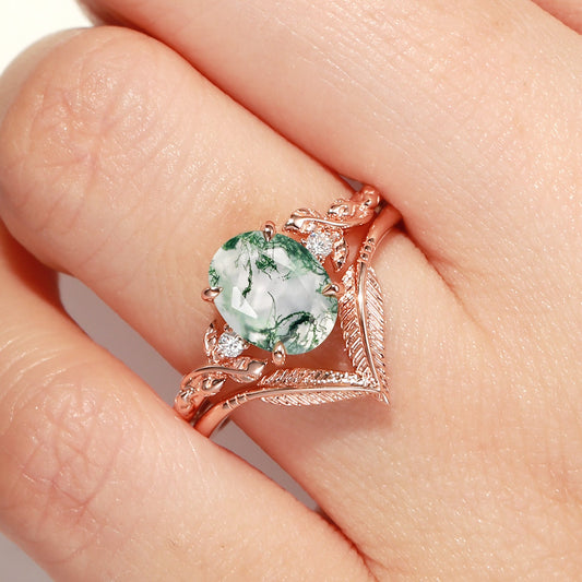 Oval Cut Moss Agate Leafy Gold Ring Set 2pcs - Juniper