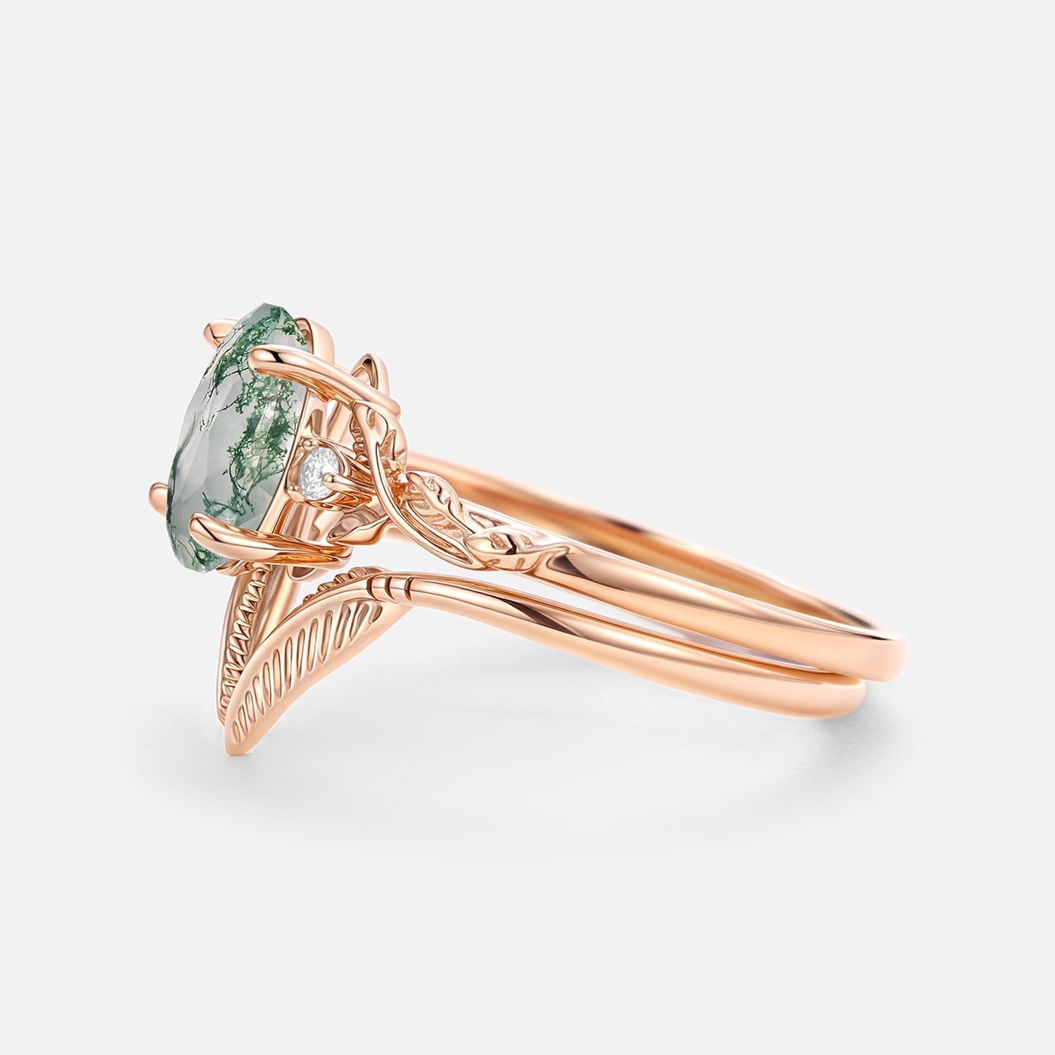 Oval Cut Moss Agate Leafy Gold Ring Set 2pcs - Juniper