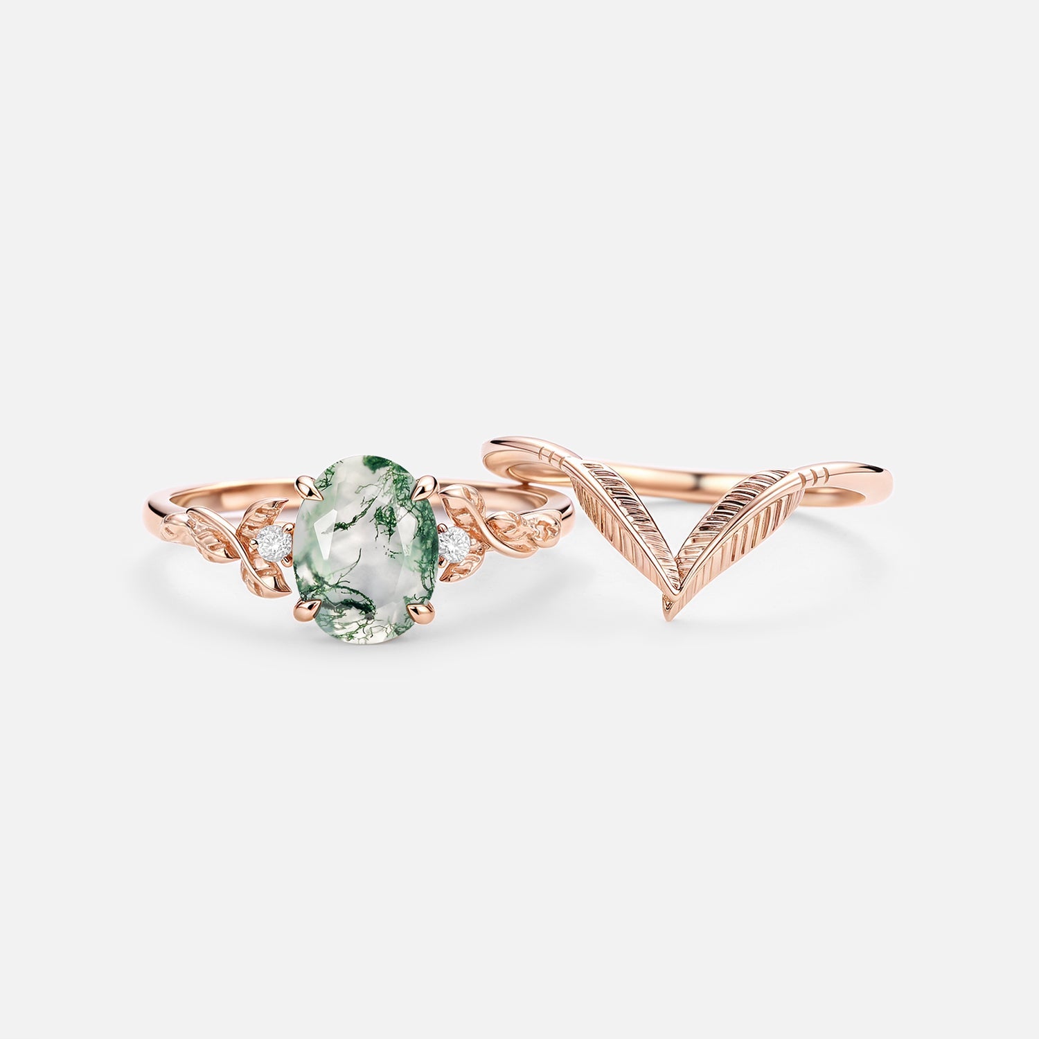 Oval Cut Moss Agate Leafy Gold Ring Set 2pcs - Juniper