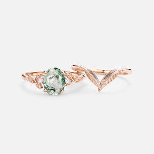 Oval Cut Moss Agate Leafy Gold Ring Set 2pcs - Juniper