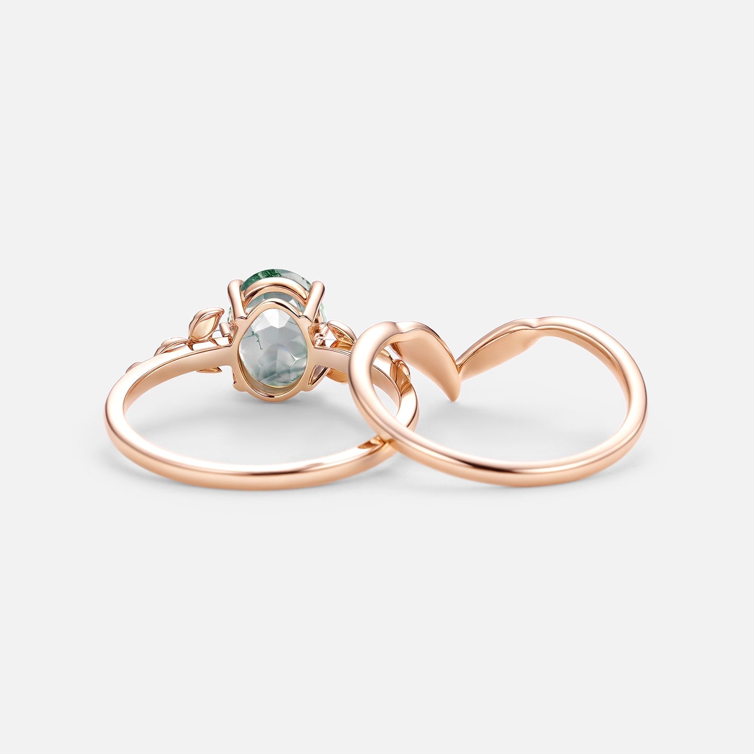 Oval Cut Moss Agate Leafy Gold Ring Set 2pcs - Juniper