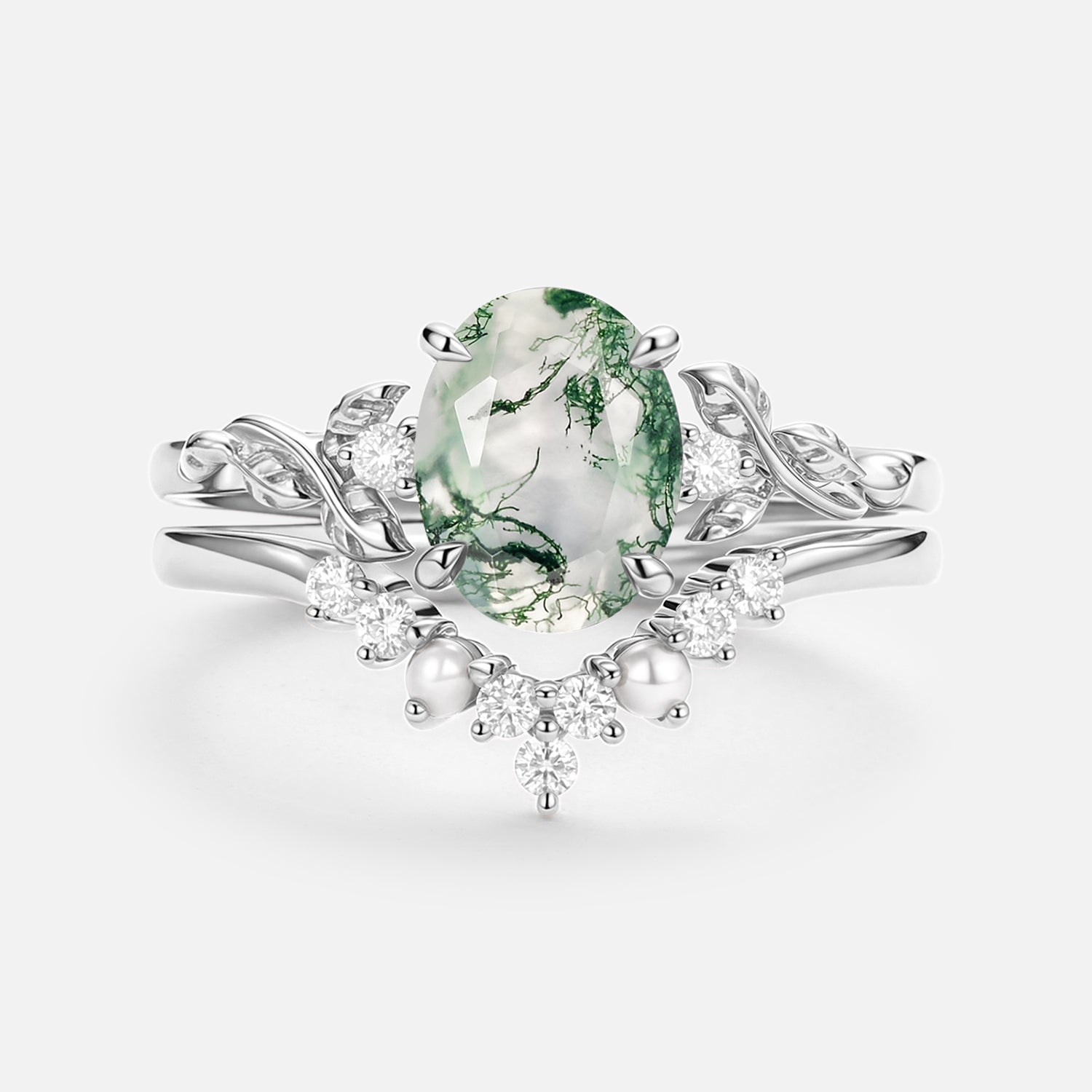 Oval Cut Moss Agate Leafy Gold Ring Set 2pcs - Clover