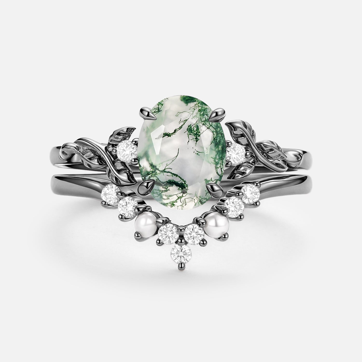 Oval Cut Moss Agate Leafy Gold Ring Set 2pcs - Clover