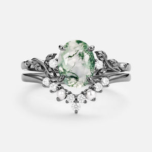Oval Cut Moss Agate Leafy Gold Ring Set 2pcs - Clover