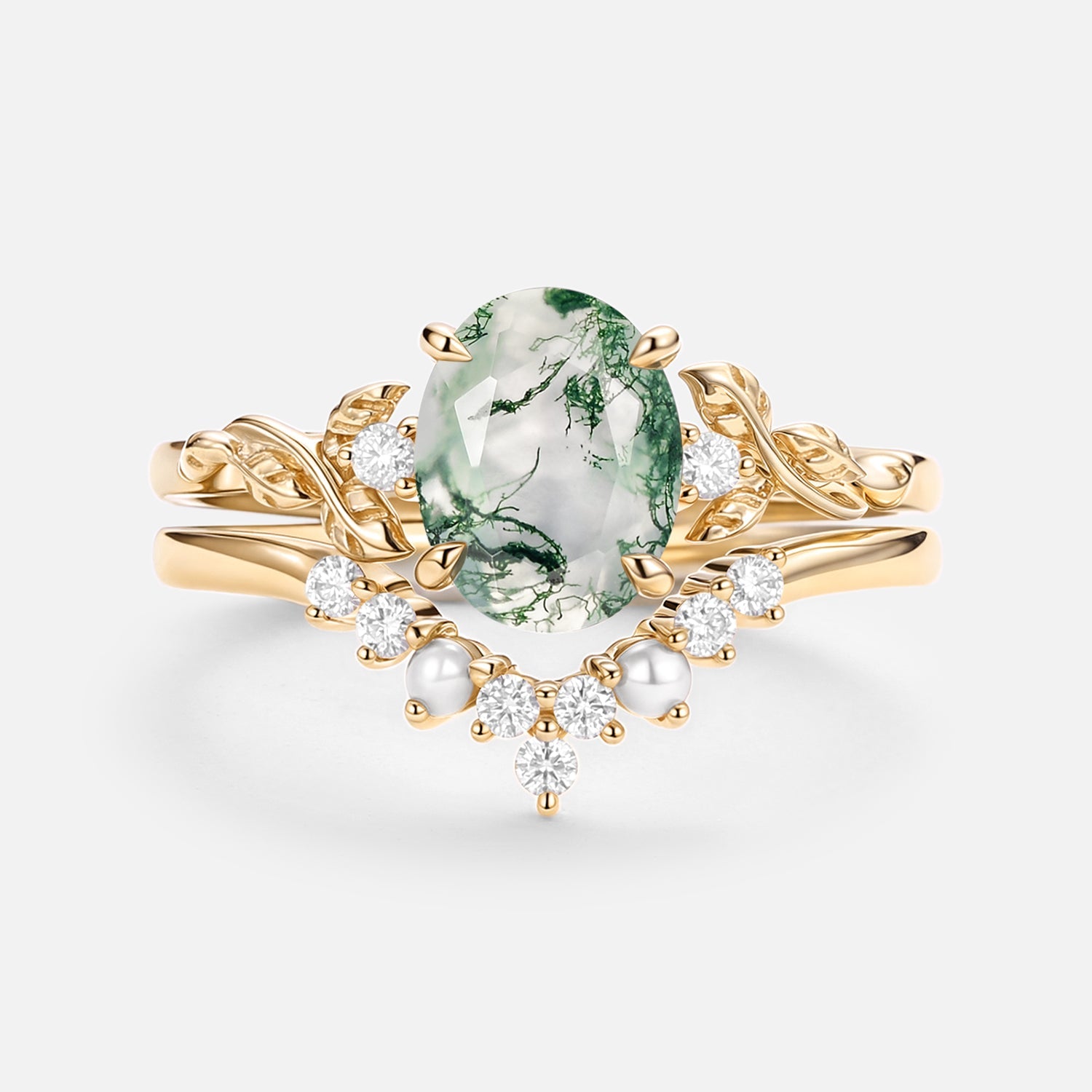 Oval Cut Moss Agate Leafy Gold Ring Set 2pcs - Clover