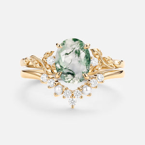 Oval Cut Moss Agate Leafy Gold Ring Set 2pcs - Clover