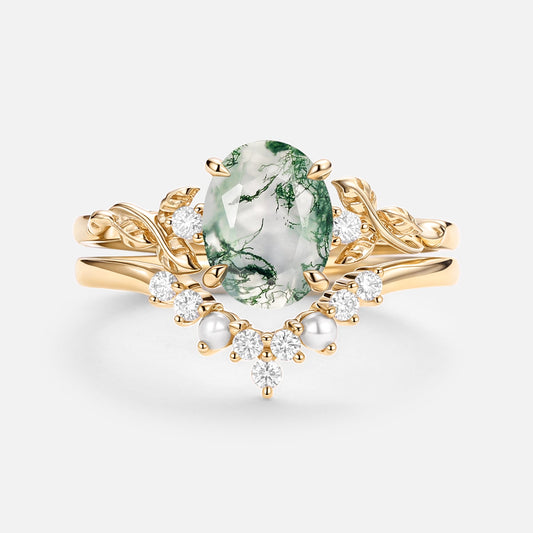 Clover Oval Cut Moss Agate & Pearl Leafy Gold Ring Set 2pcs