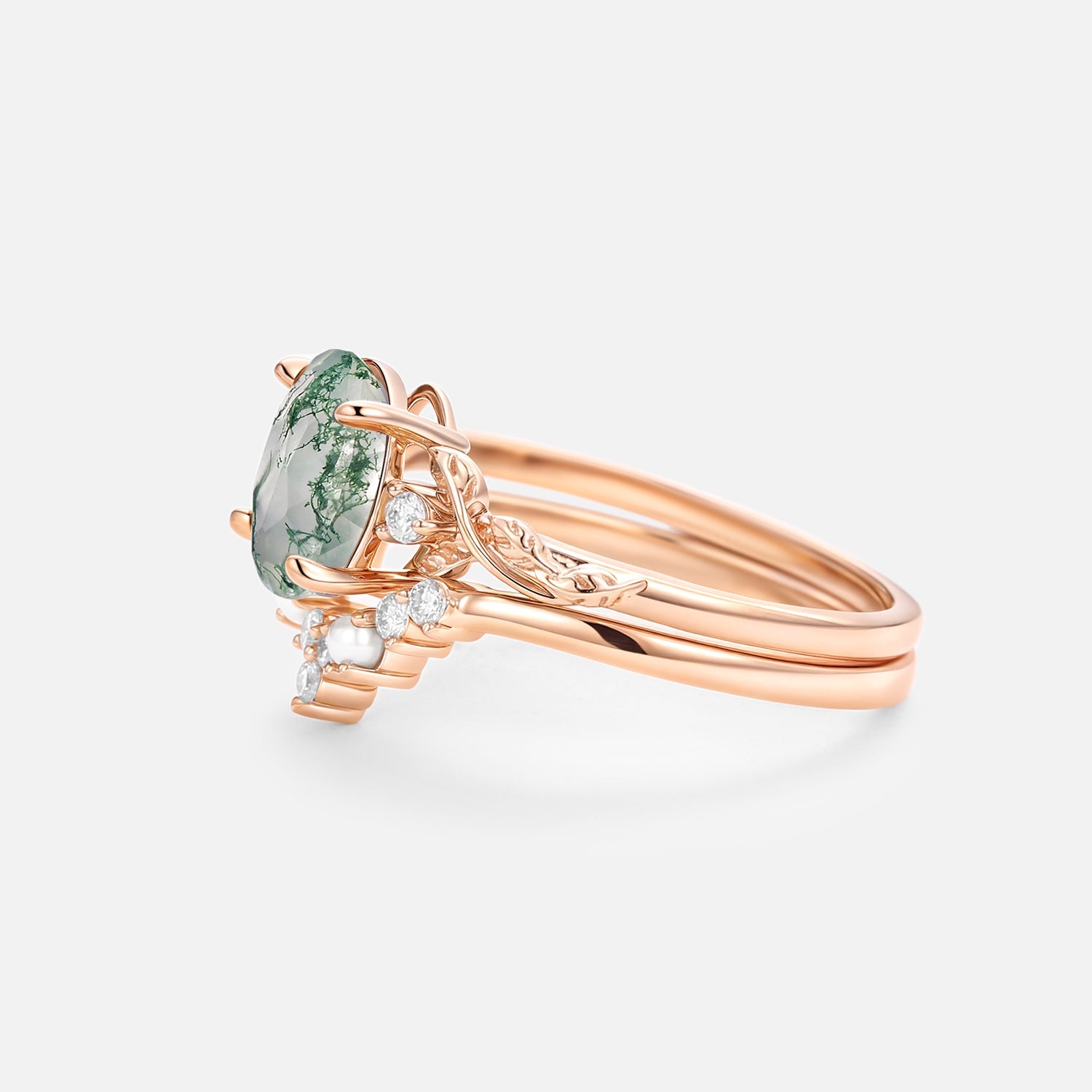 Oval Cut Moss Agate Leafy Gold Ring Set 2pcs - Clover