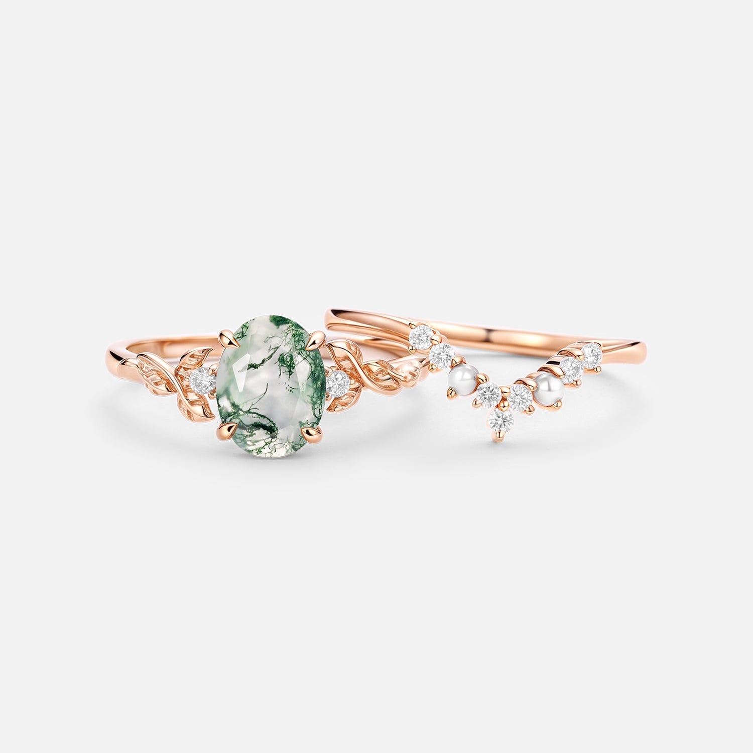 Oval Cut Moss Agate Leafy Gold Ring Set 2pcs - Clover