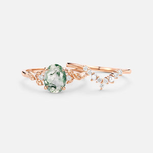 Oval Cut Moss Agate Leafy Gold Ring Set 2pcs - Clover