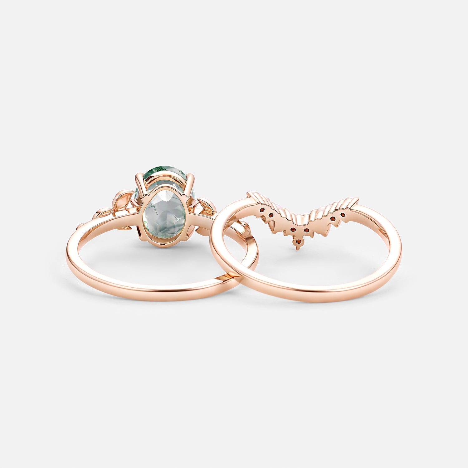 Oval Cut Moss Agate Leafy Gold Ring Set 2pcs - Clover
