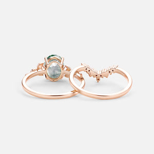 Oval Cut Moss Agate Leafy Gold Ring Set 2pcs - Clover