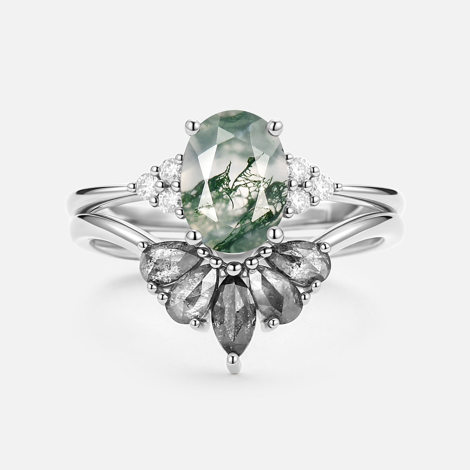 Terra Oval Cut Moss Agate & Salt and Pepper Diamond Ring Set 2pcs