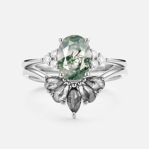 Terra Oval Cut Moss Agate & Salt and Pepper Diamond Ring Set 2pcs